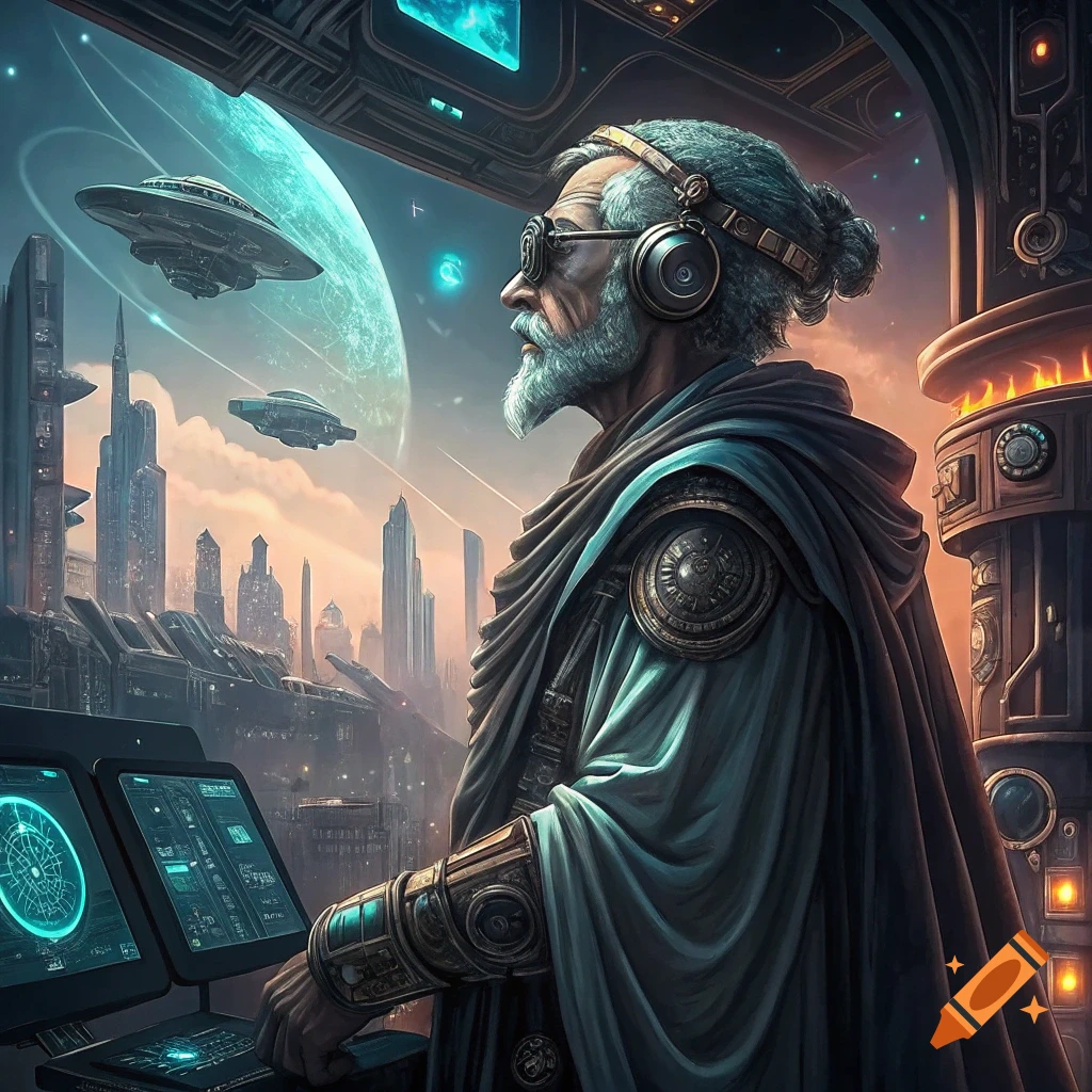 Older man in futuristic gear looks at sci-fi city, planet, and flying saucers from a control room.