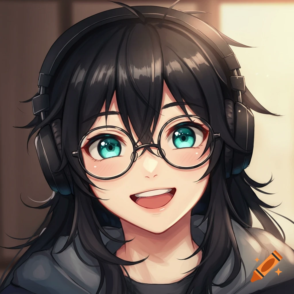 Close-up anime portrait of a person with headphones, glasses, and a wide smile.