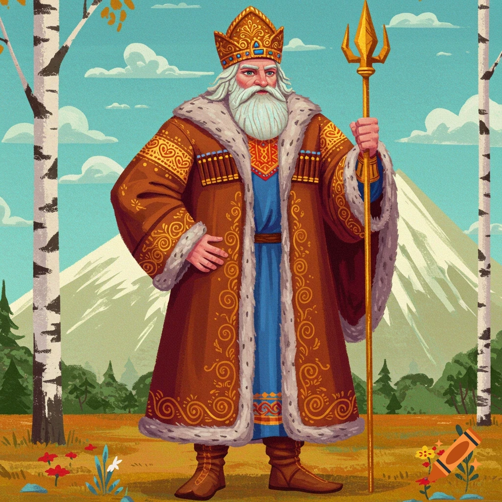 Illustration of a figure resembling Zeus wearing Russian historical clothes in a landscape with birch trees and a mountain.