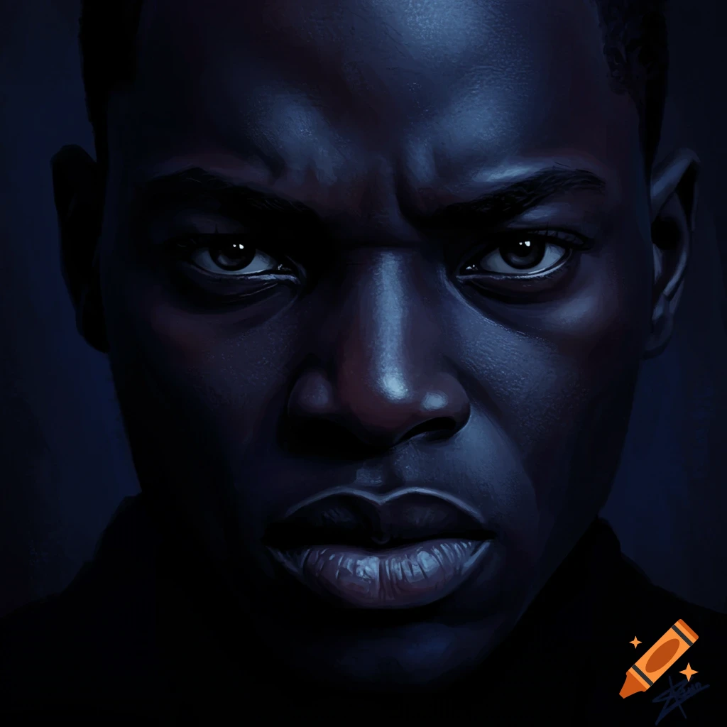 Close-up portrait of a person's face in dark, dramatic lighting.