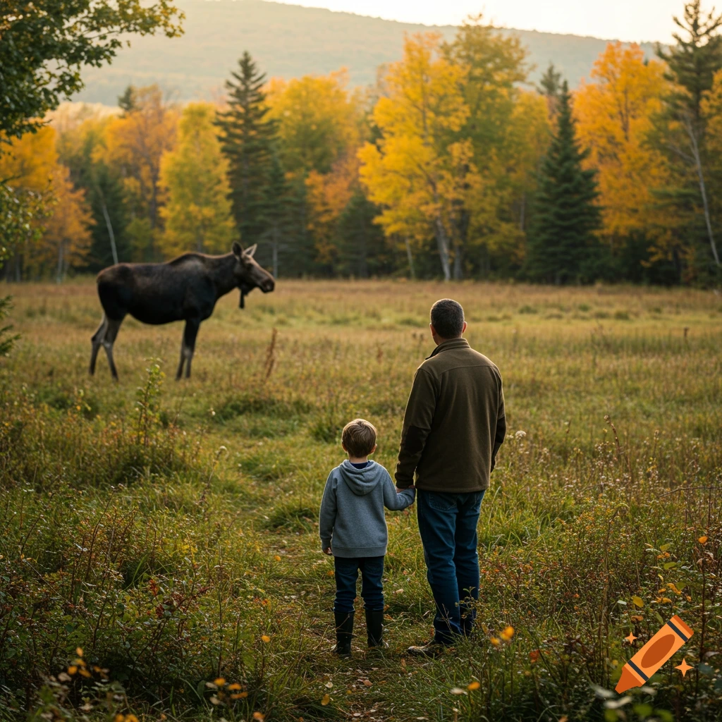 Father and son hold hands, looking at a moose in a field with autumn trees, photorealistic.