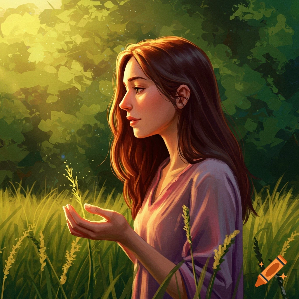 An illustration of a woman in a field holding a plant, illuminated by sunlight.