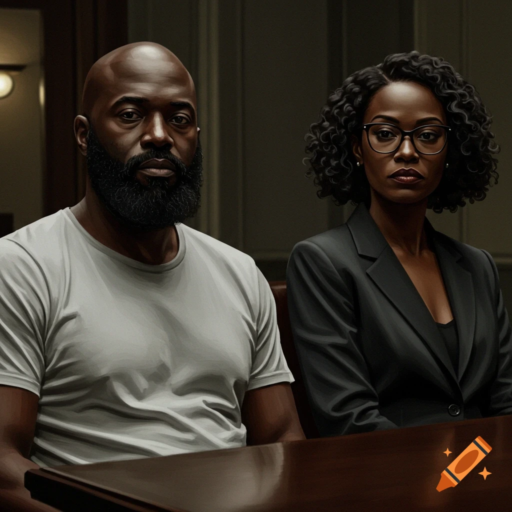 A bald Black man with a beard and a Black woman with glasses sit at a table, looking forward in a photorealistic style.