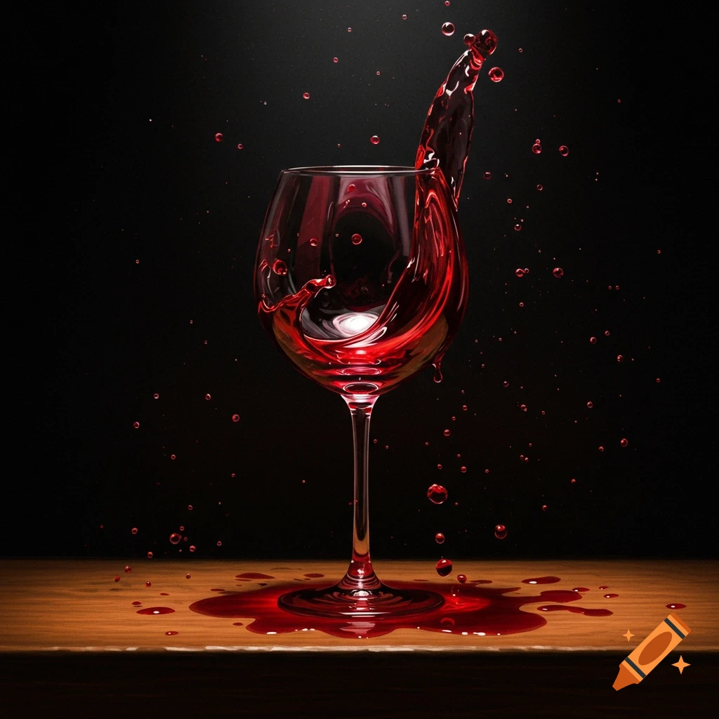 Photorealistic image of red wine splashing out of a glass onto a wooden table.
