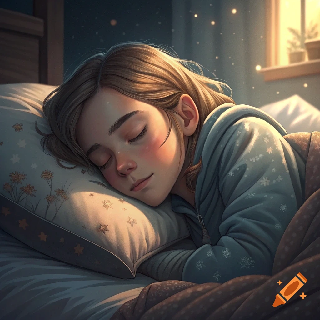 Illustrated image of a young girl sleeping peacefully in bed with soft light and sparkles.