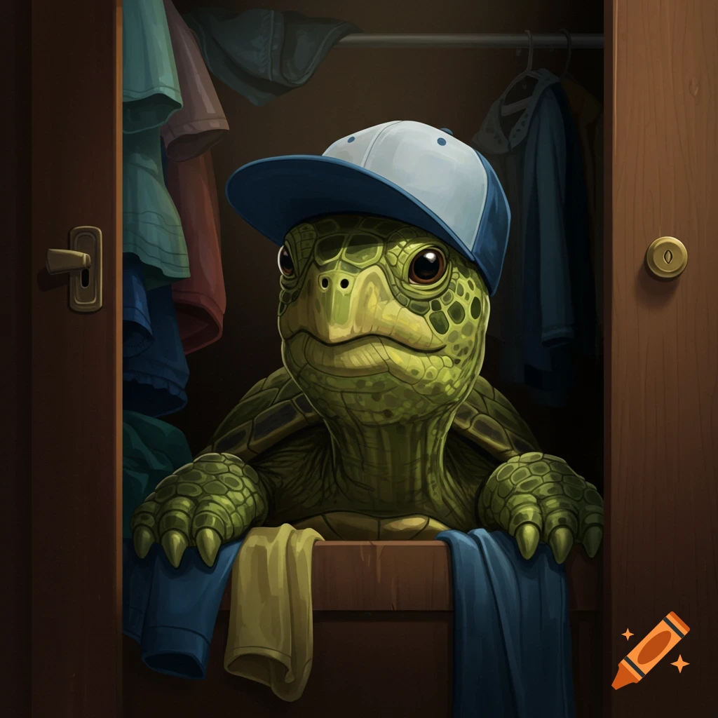 An illustration of a turtle in a blue and white baseball cap peering out from a closet filled with clothes.