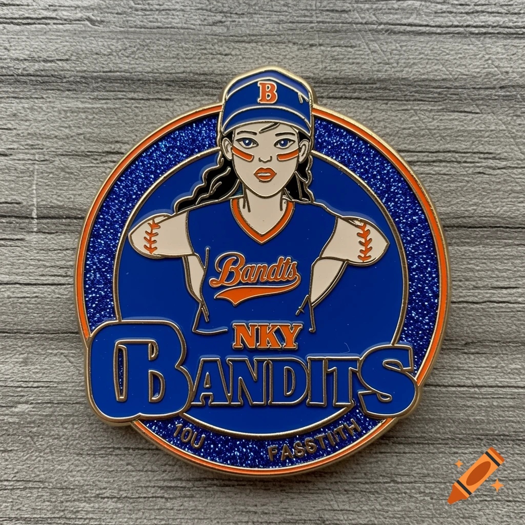 A trading pin design for the NKY Bandits softball team, featuring a cartoon player and blue and orange colors with glitter.