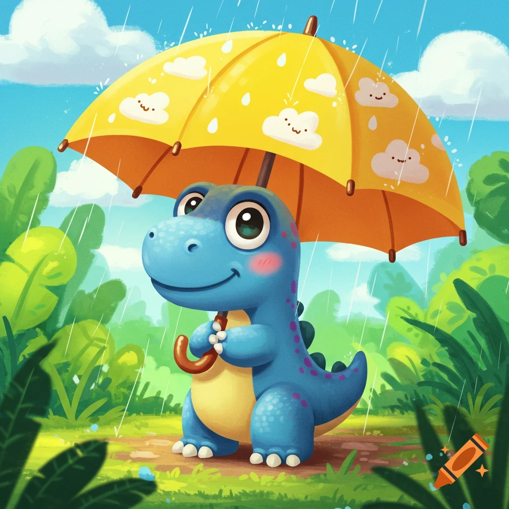A blue cartoon dinosaur holding a yellow umbrella stands in the rain.