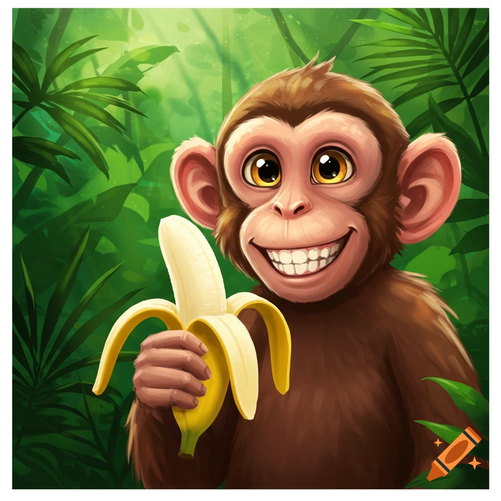 Smiling cartoon monkey holds a peeled banana in a jungle.