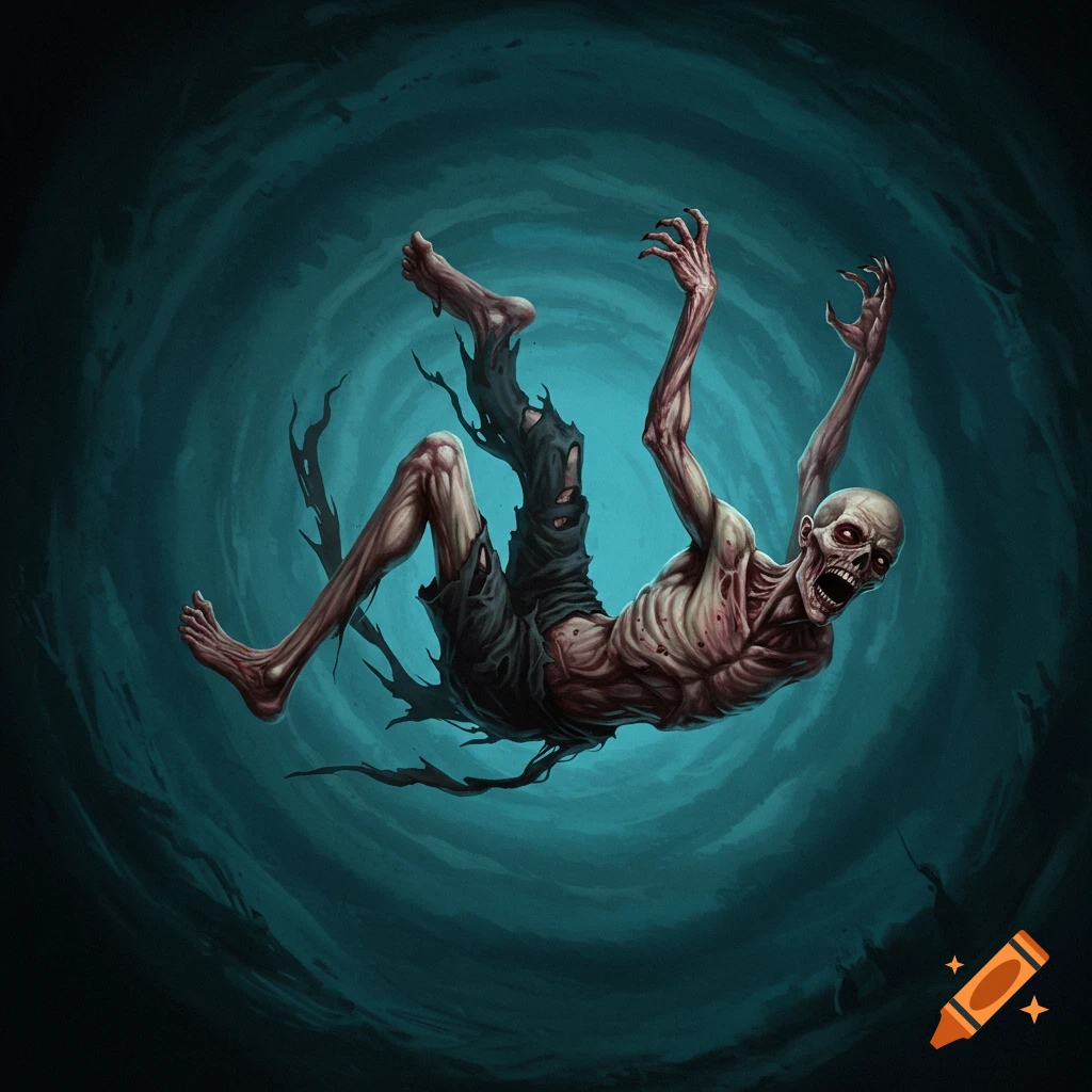 A grotesque, emaciated creature falls into a dark, swirling abyss.