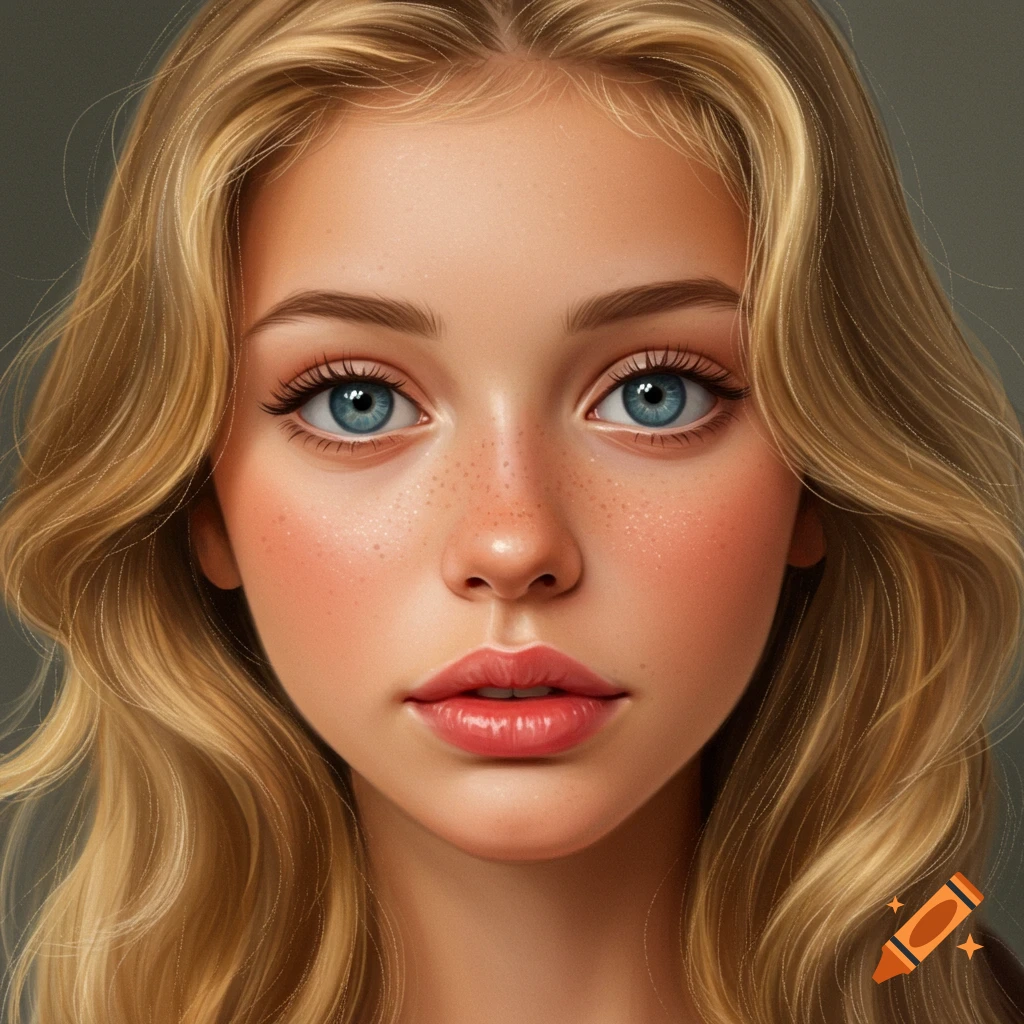 Close-up portrait of a young woman with blonde hair, blue eyes, and freckles.