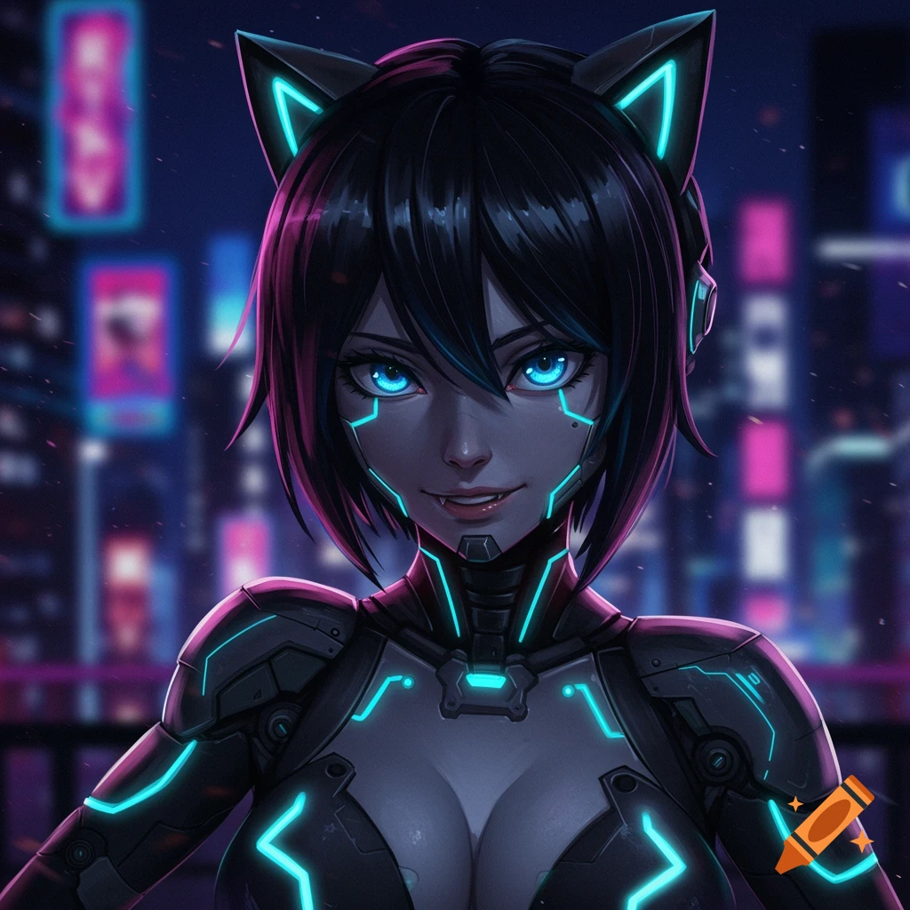Anime robot catgirl with glowing blue eyes and ears in a cyberpunk city.