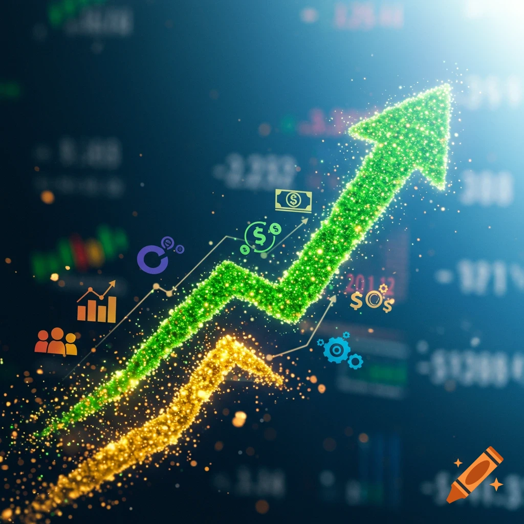 Sparkling green arrow graph shows growth with financial icons.