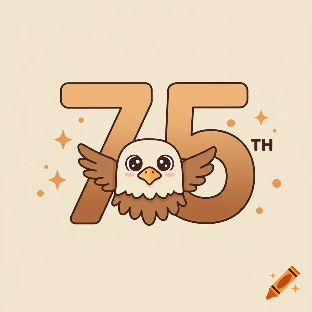 Cute cartoon 75th anniversary logo with eagle head on 7 and wings on 5.