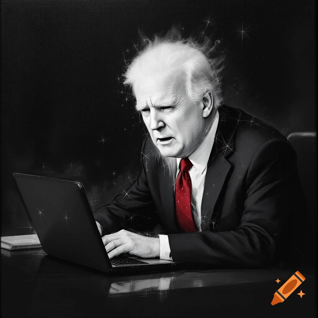 Illustration of a figure resembling Joe Biden looking intently at a laptop.