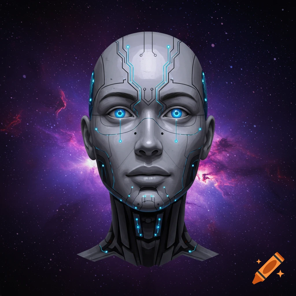 Close-up of a robotic head with blue glowing circuitry and eyes against a space background.