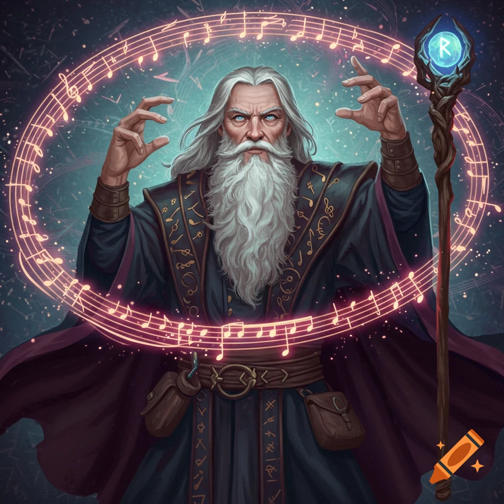 Fantasy art of a white-haired sorcerer casting a spell surrounded by glowing musical notes, holding a staff.
