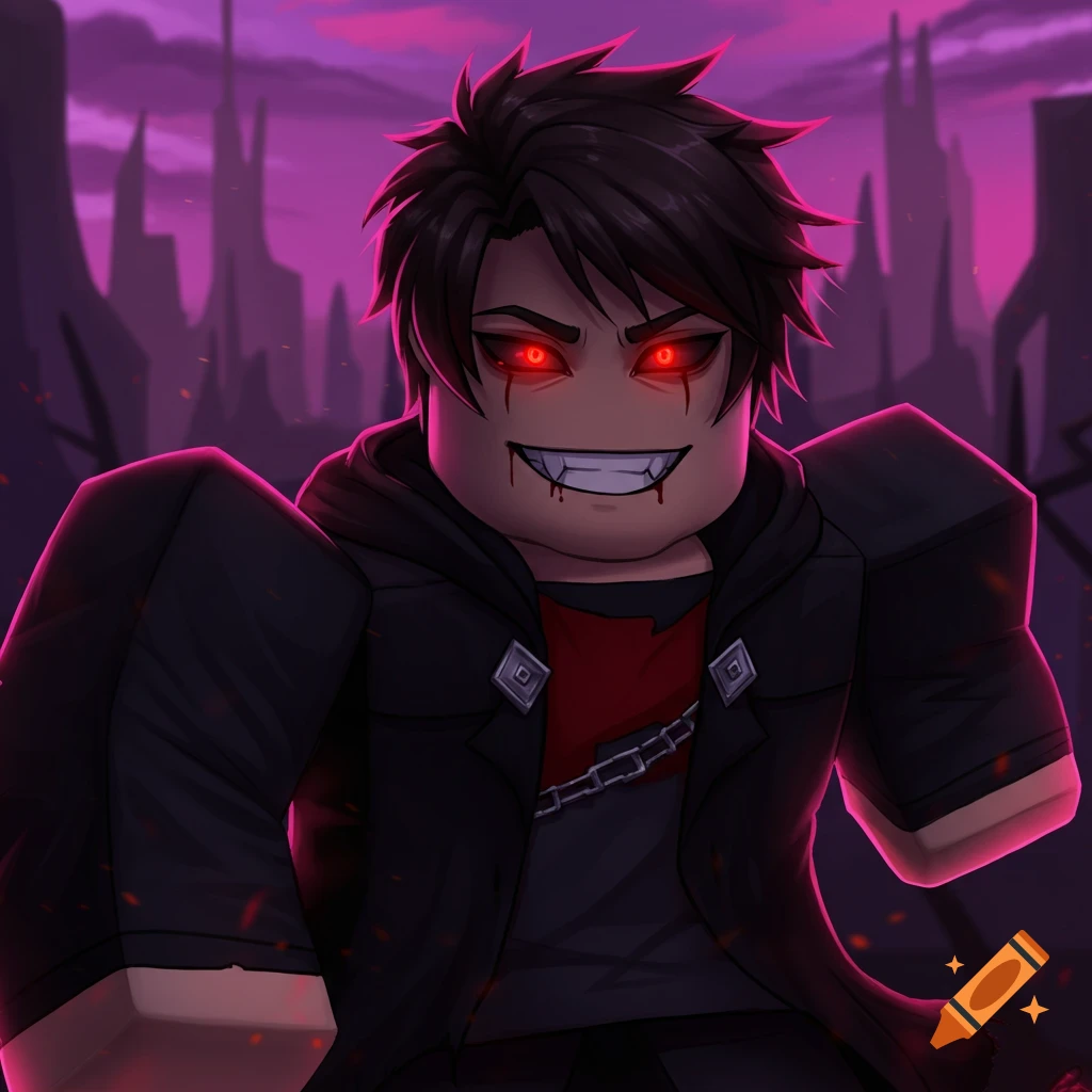 Roblox character with red eyes and fangs in a dark gothic city
