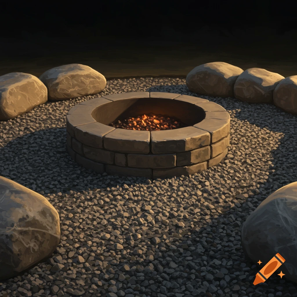 Stone fire pit surrounded by rocks on a gravel base