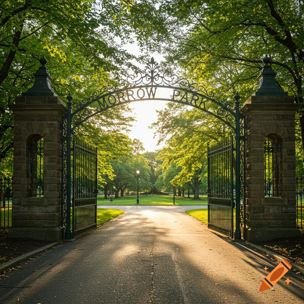 Decorative wrought iron gate arch at the entrance to Morrow Park, sunlight through trees.