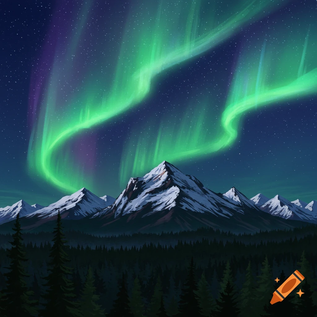 Aurora borealis over snowy mountains and dark forest.