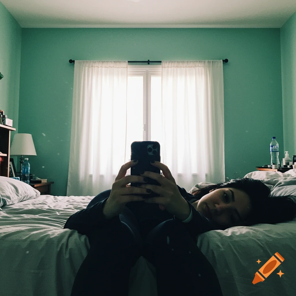 A woman with dark hair lies on a bed taking a selfie with her phone, in a room with mint green walls and light curtains.