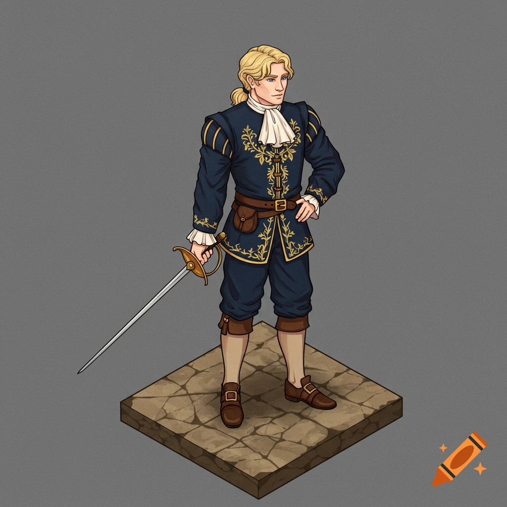 Isometric illustration of a blonde noble fantasy character with a sword