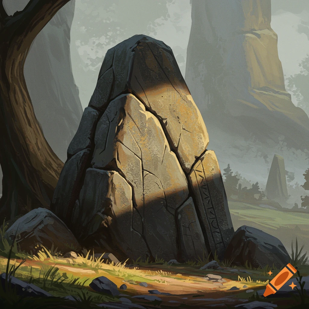 A large cracked standing stone with carvings in a misty forest landscape, lit by sunlight.