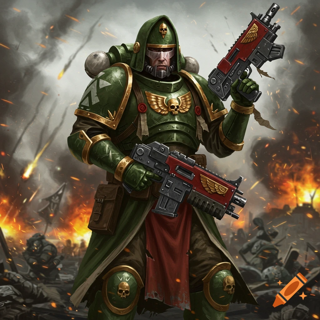 A space marine in green power armor and hood holds two weapons on a fiery battlefield.