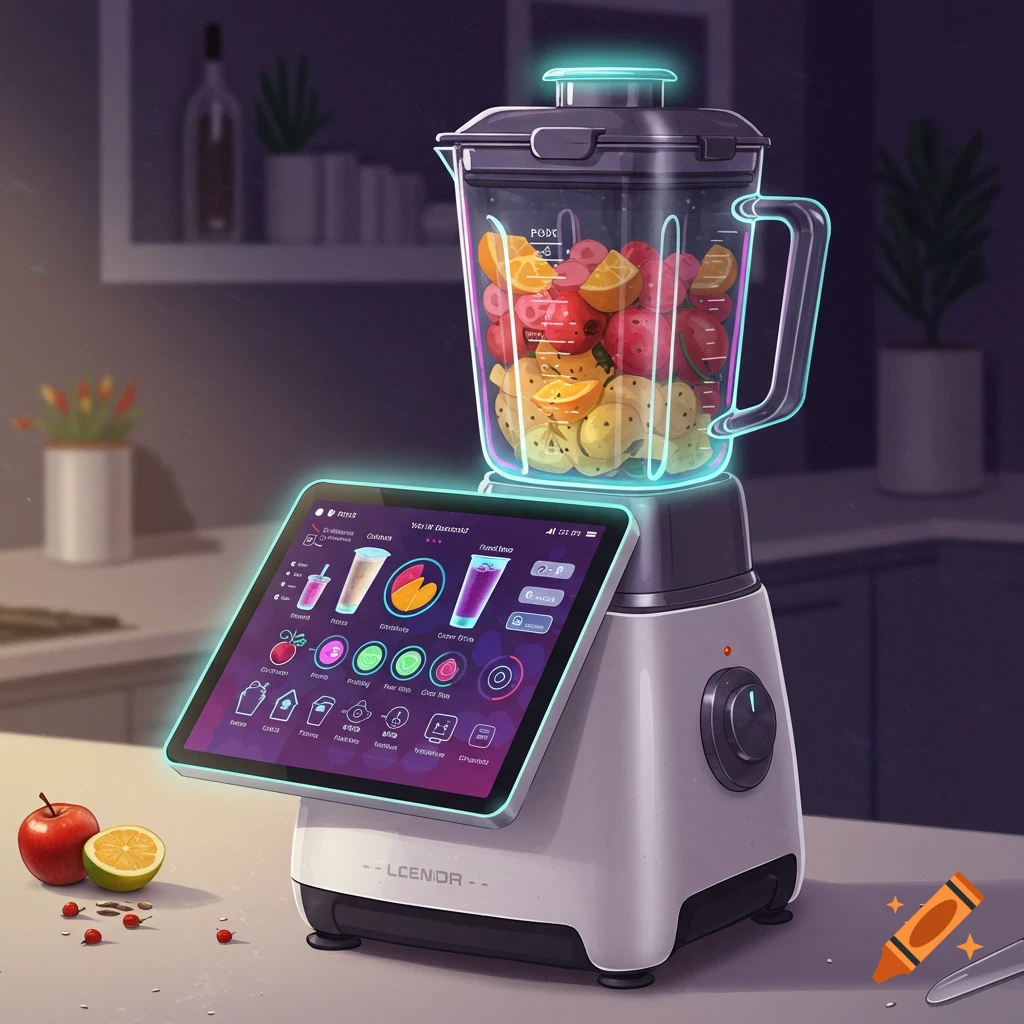 A futuristic blender with a touchscreen display filled with fruit sits on a kitchen counter.