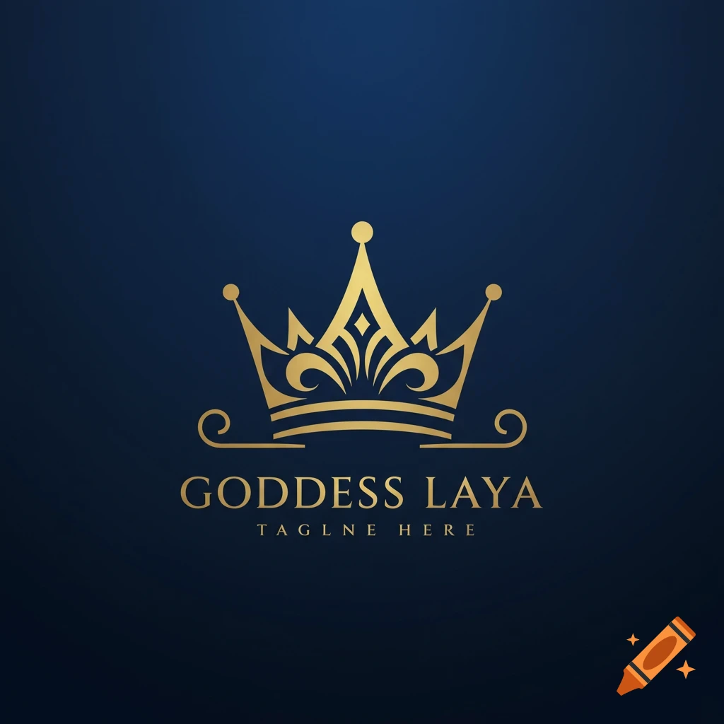 Golden crown logo with Goddess Laya and tagline text on blue background