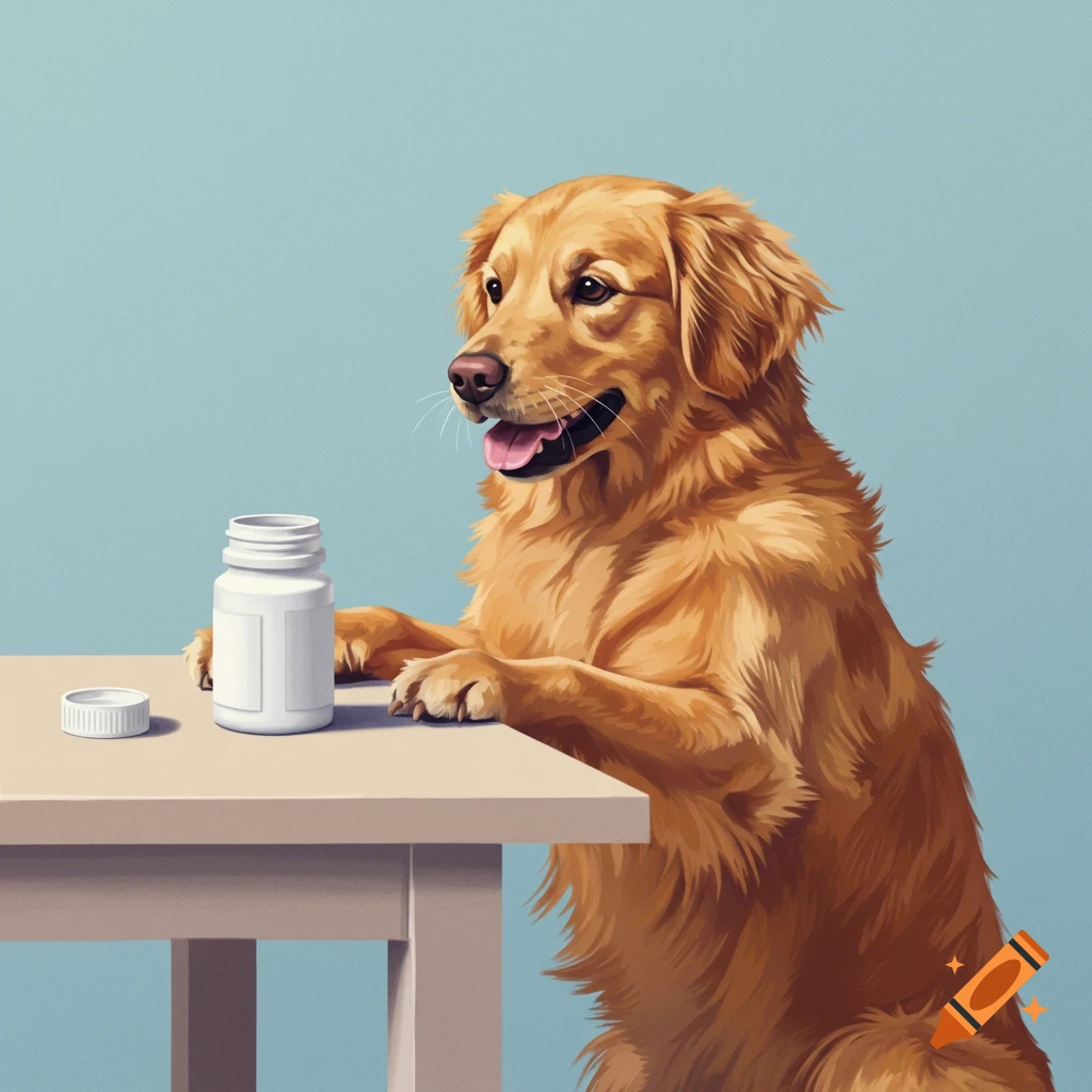 Golden retriever dog with paws on a table next to a pill bottle.