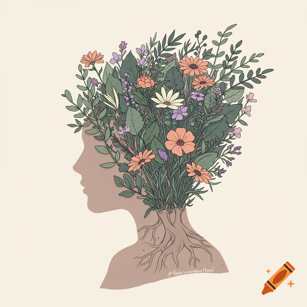 Minimalist illustration of a human profile silhouette with colourful flowers and plants growing from the head like a garden.