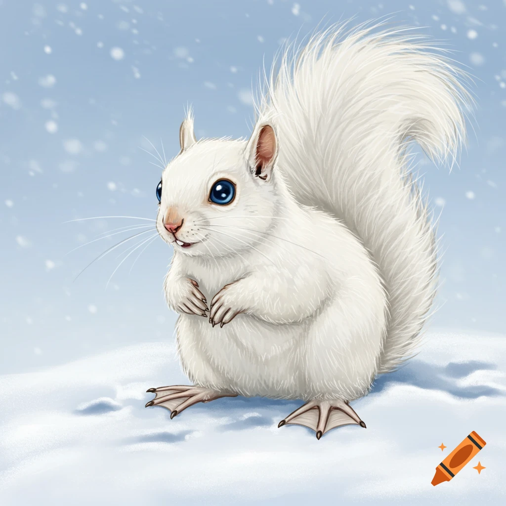 An illustration of a fluffy white squirrel with webbed feet sitting in the snow.