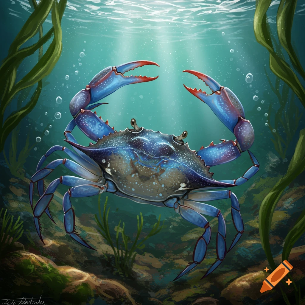 Illustration of a blue crab underwater surrounded by seaweed and bubbles.