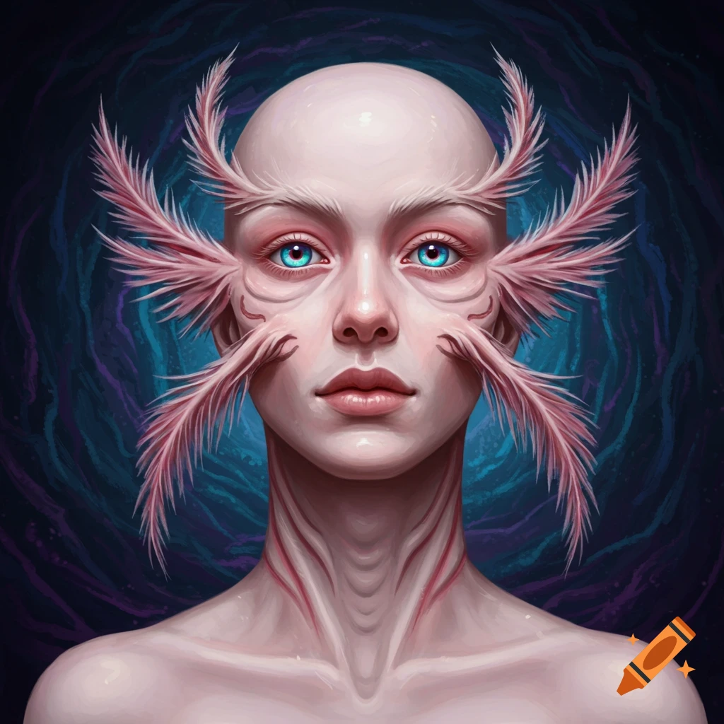 A pale, bald figure with large blue eyes and pink feathery gills around its head and neck.