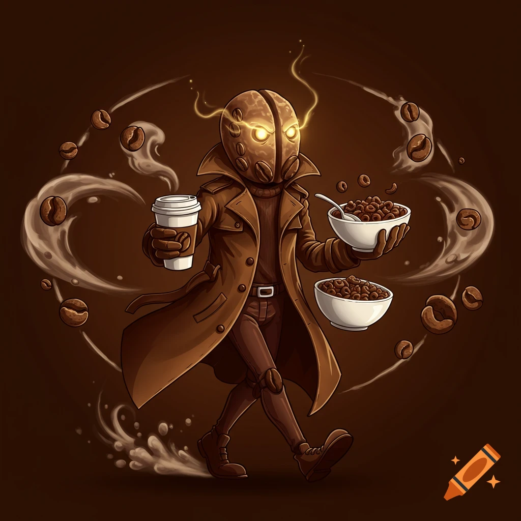 Illustration of a humanoid coffee bean character in a trench coat, holding coffee and cereal, surrounded by steam and coffee beans.