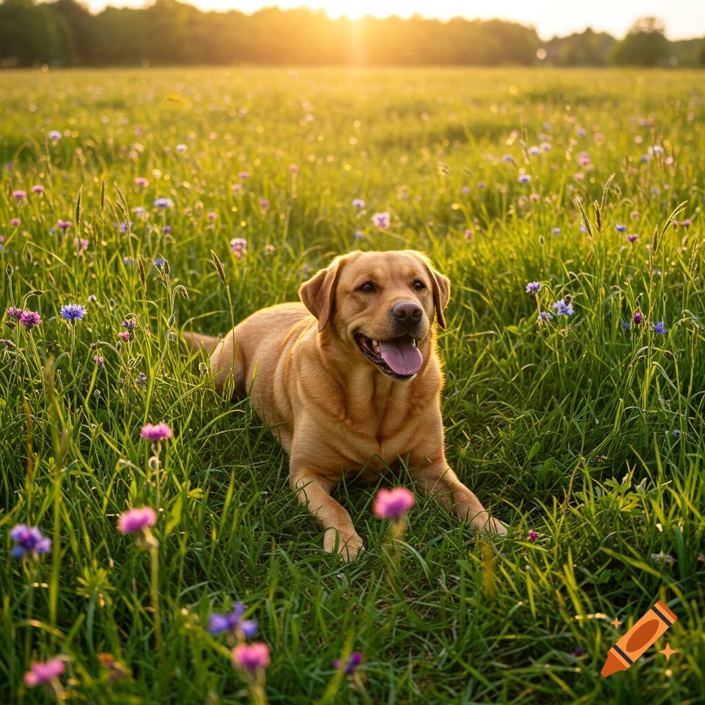 A yellow Labrador dog lies in a sunny field of wildflowers.