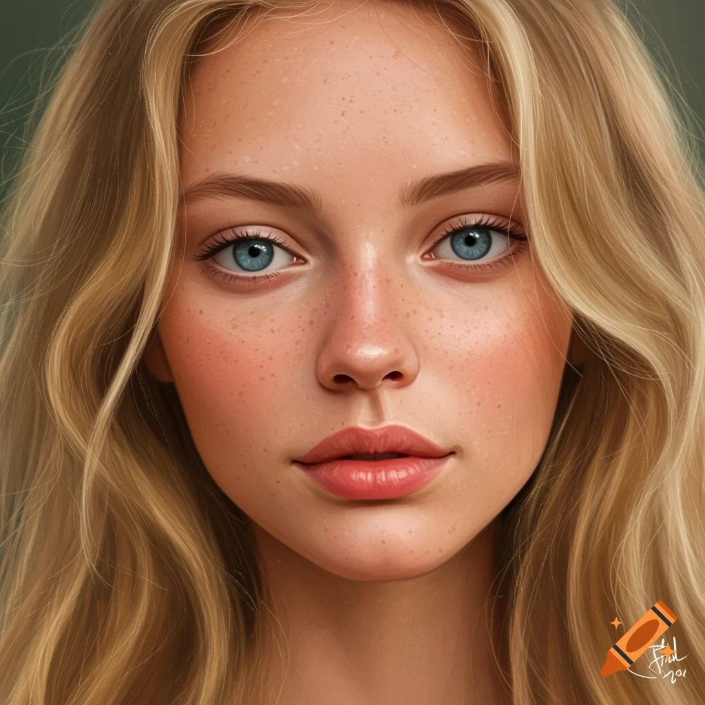 Close-up portrait of a young woman with blonde hair, blue eyes, and freckles.