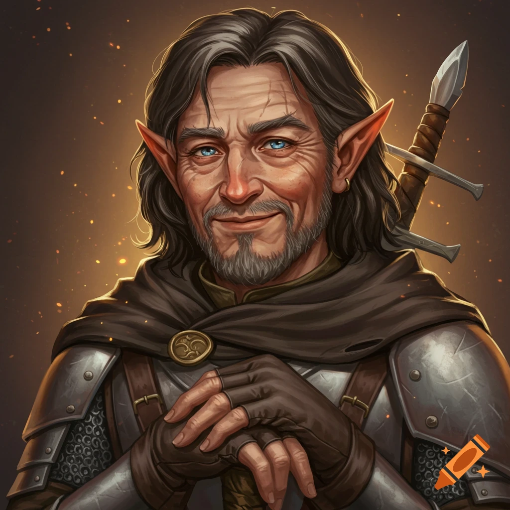 Portrait of a smiling older half-elf warrior in armor and cloak
