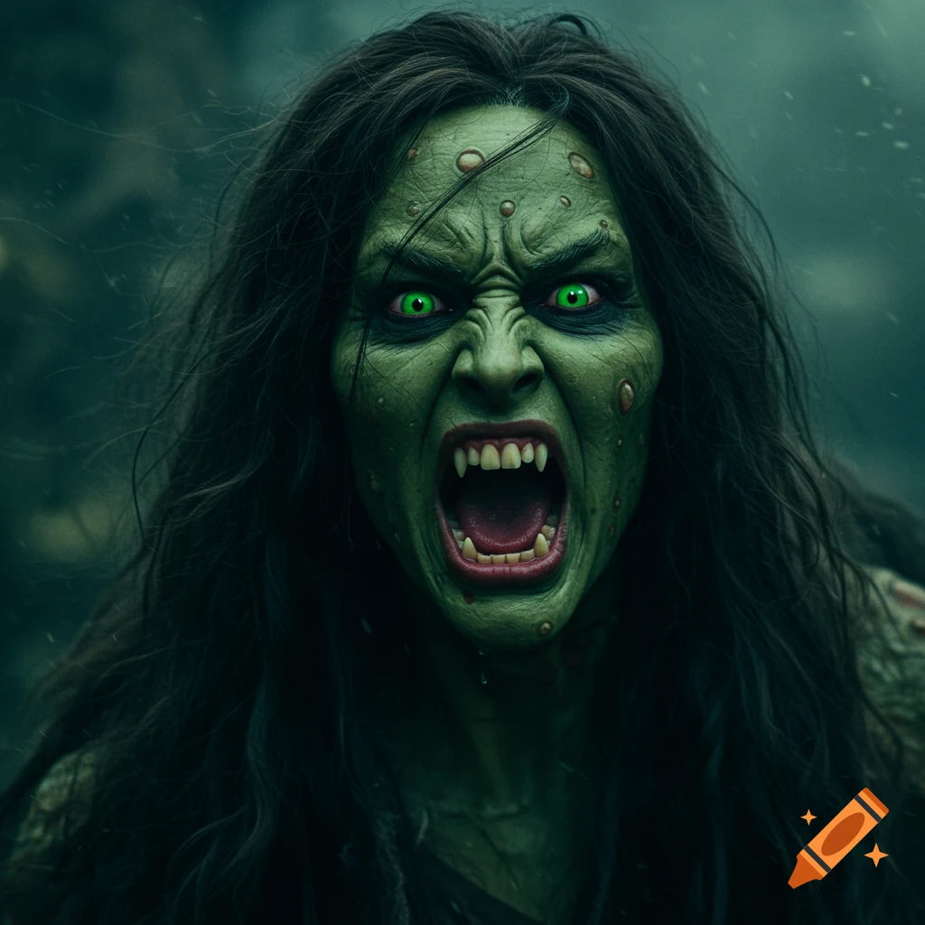 Close-up of a screaming green witch with boils, bright green eyes, and sharp teeth in a photorealistic style.