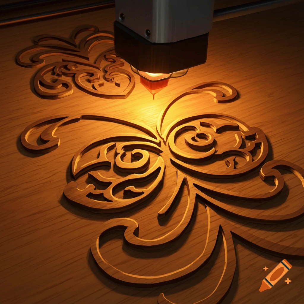 A laser cutting machine cuts a decorative pattern into a wooden surface.