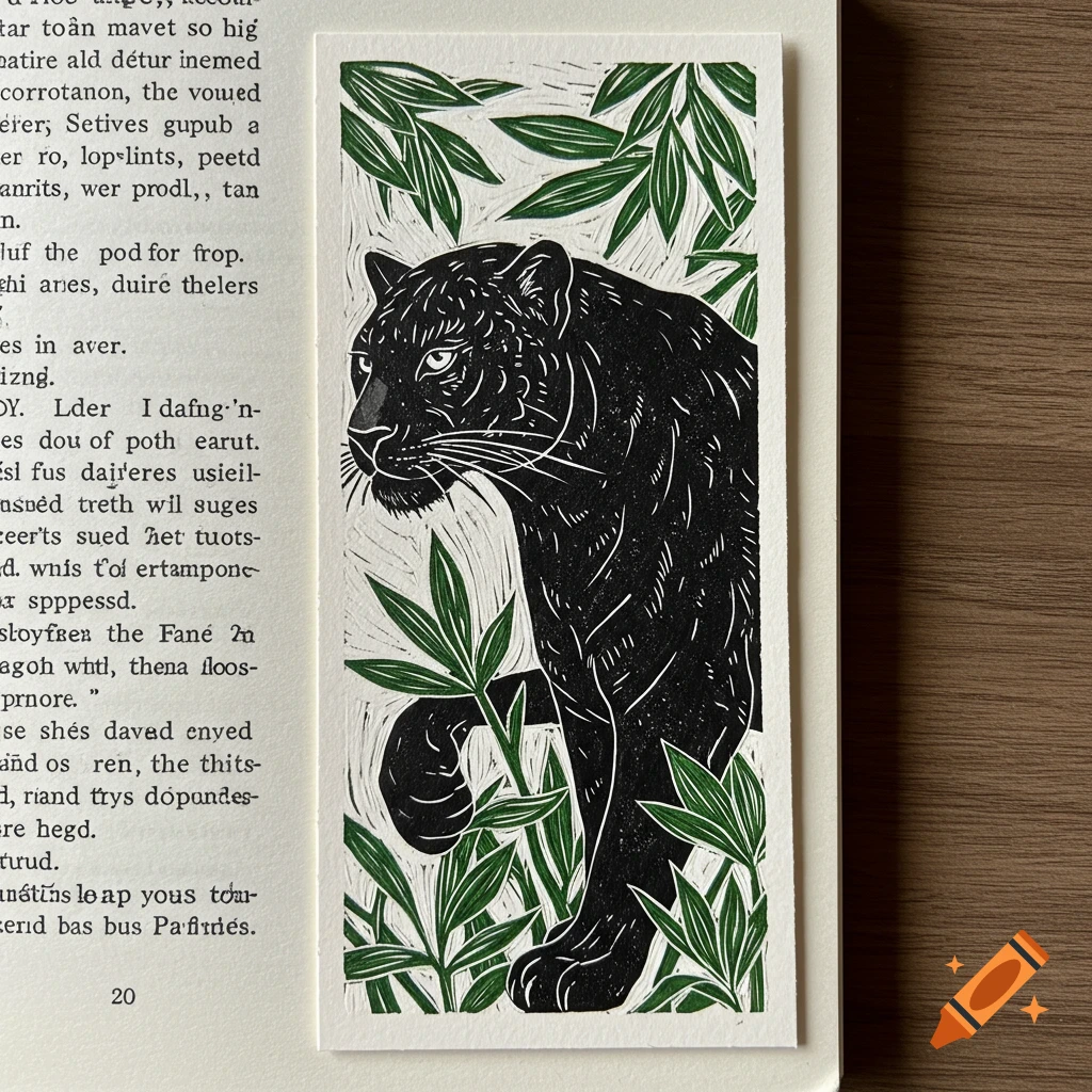Linocut illustration of a black panther surrounded by leaves next to a page of text.