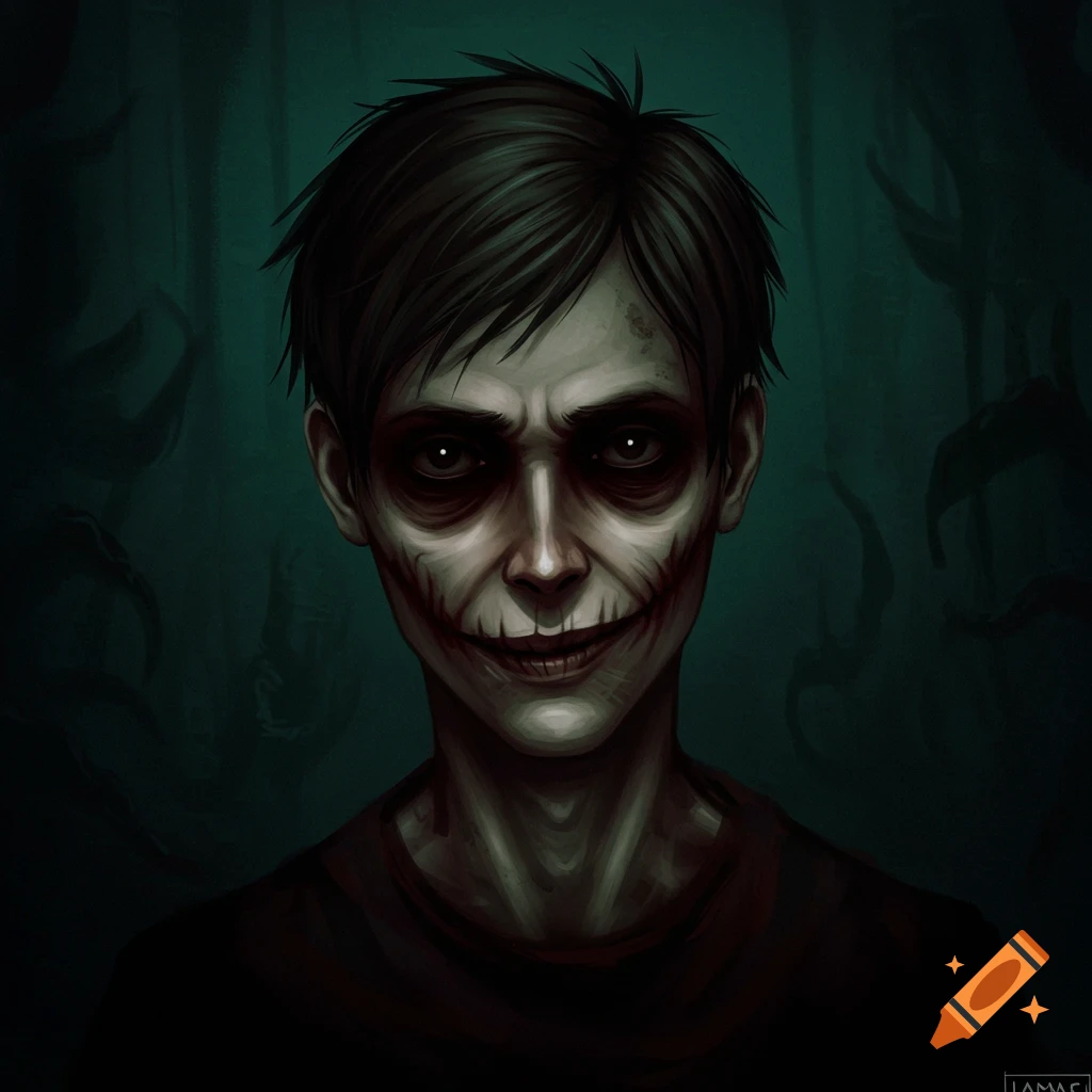 A dark portrait illustration of a pale figure with dark eyes and cuts around their mouth.