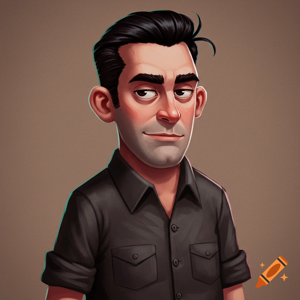 Cartoon portrait of a man in a black shirt.