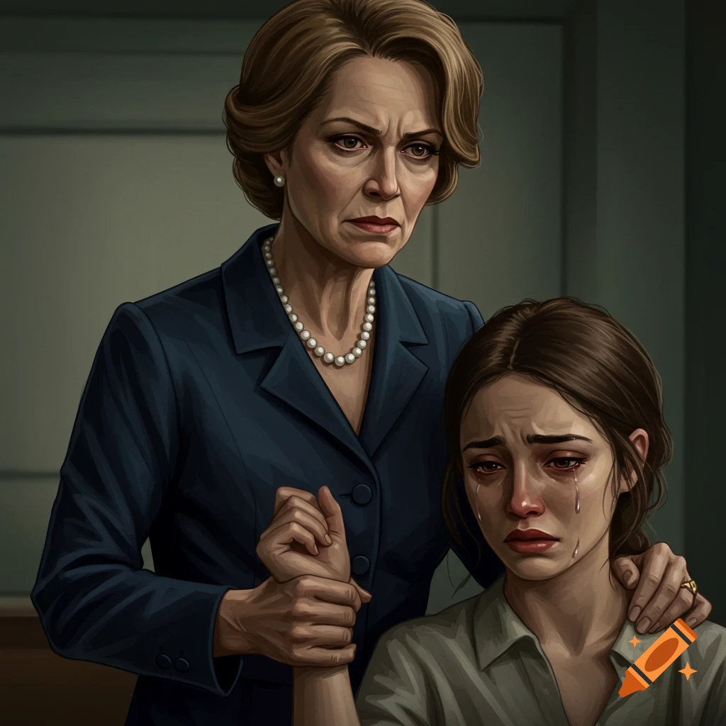 Illustration of a stern older woman holding the wrist of a crying younger woman