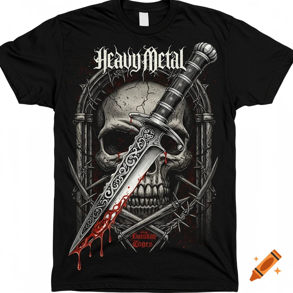 A graphic heavy metal t-shirt design featuring a skull pierced by a bloody knife, surrounded by barbed wire.