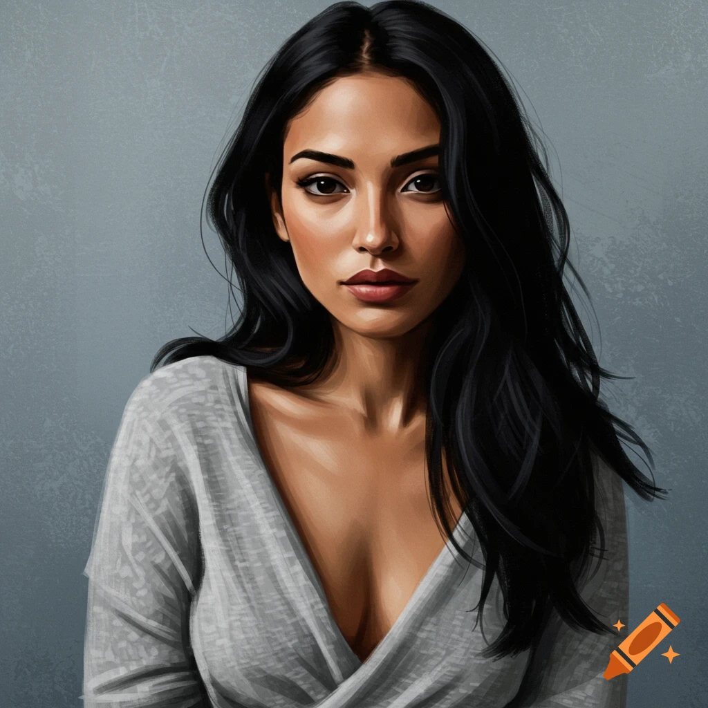 Portrait of a woman with black hair and dark eyes wearing a gray V-neck sweater, digital art style.