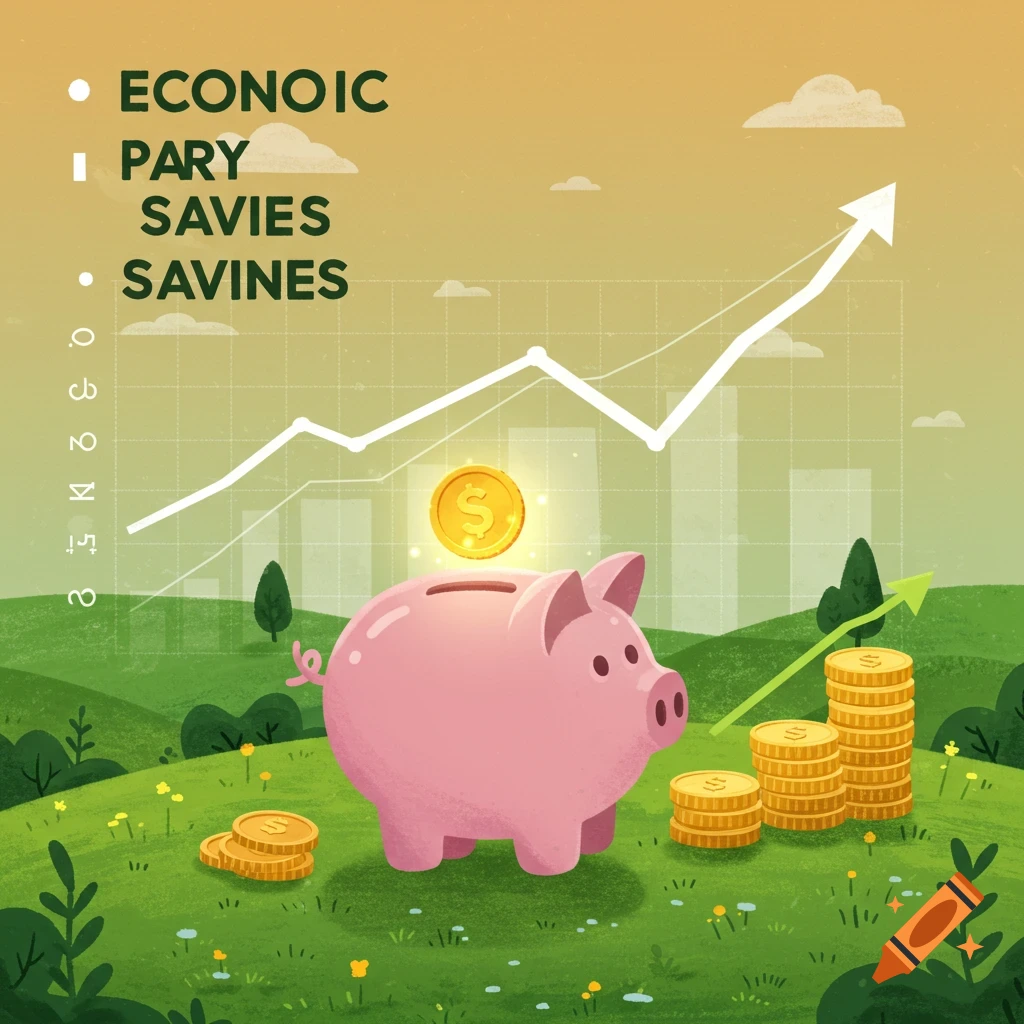 Illustration of a pink piggy bank, gold coins, and an upward trending graph in a field.