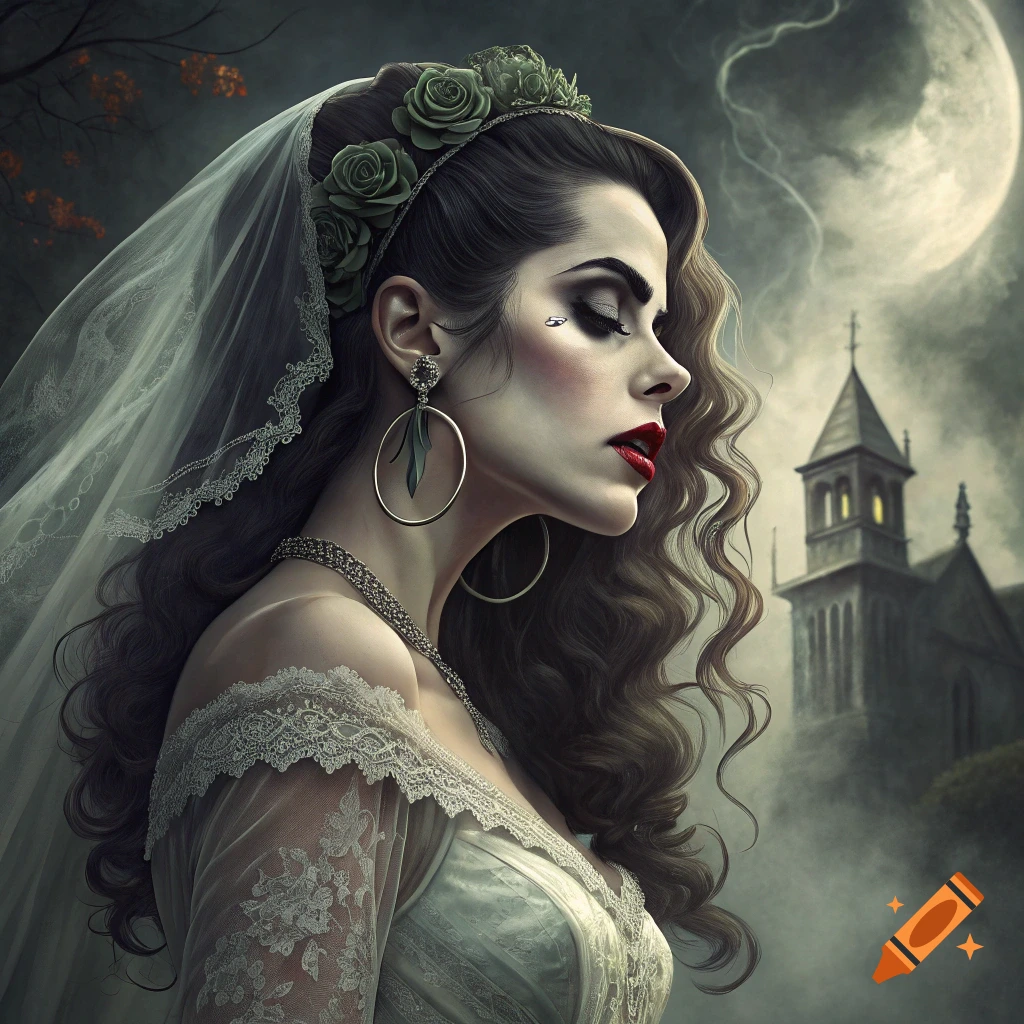 Gothic portrait of a woman in a wedding dress, inspired by Bride of Frankenstein and Amy Winehouse, with a church and moon in the background.